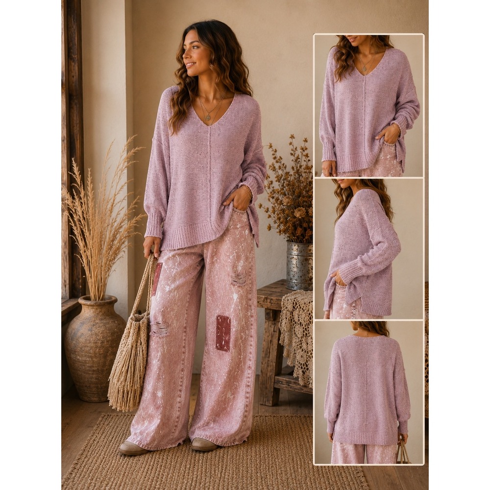 211. New Zenana Lavender Purple Marl V-Neck Oversized Pullover Sweater High Low